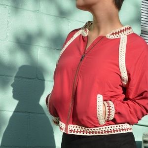 Free People Crochet Trim Red Bomber Jacket